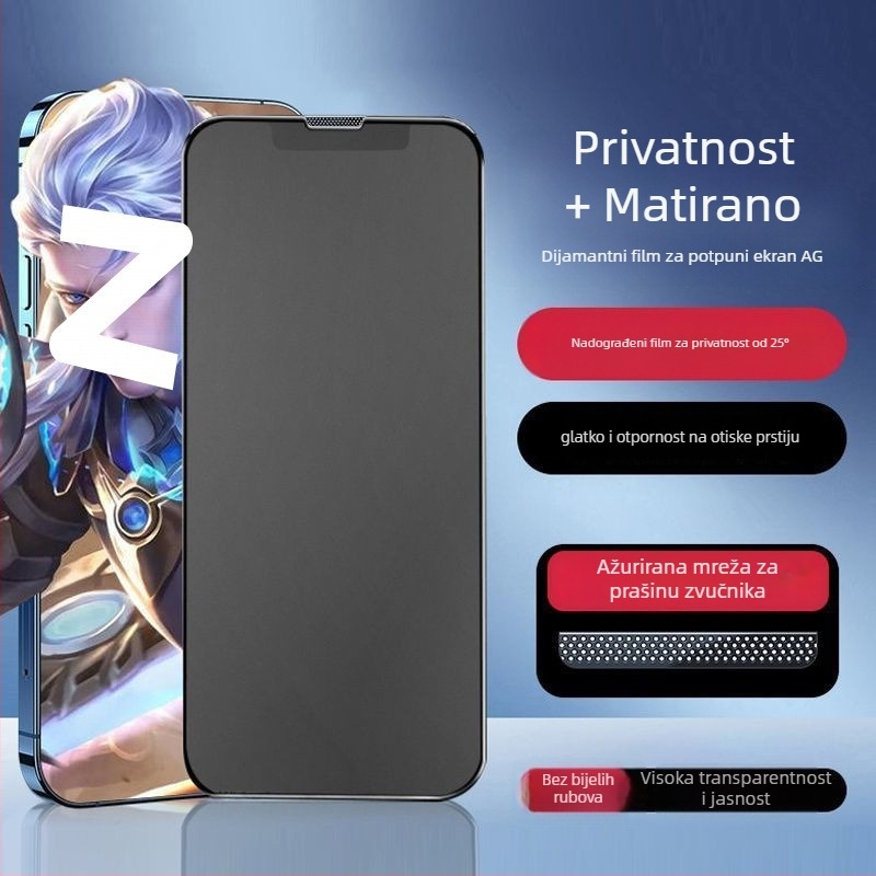Zaštitno staklo za prednji zaslon iPhonea – mat završetak, otisci prstiju otporan, protiv špijuniranja