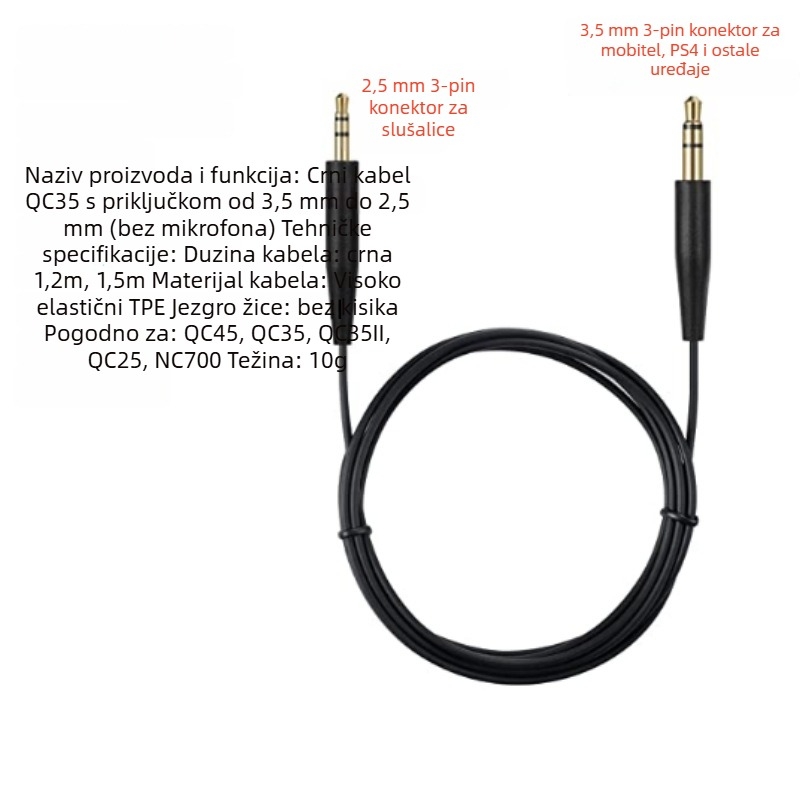 Gargamel Zlatno pokovani audio kabel za Bose QuietComfort QC25/35/45/35ii/OE2/OE2i/NC700 – OFC bakar, jezgro od čistog bakra, ROHS, 10 g