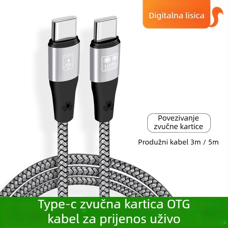 OTG kabel za zvučnu karticu za livestream, dvostruki USB-C priključci, bakrena žica s cinkovanim jezgrom