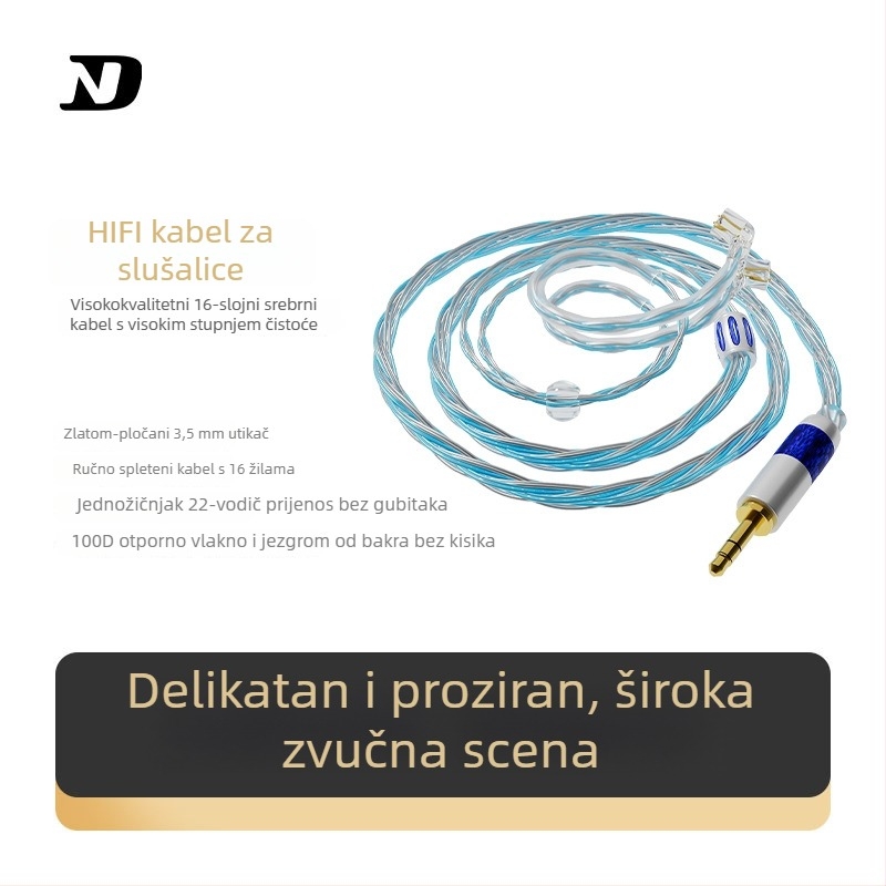 Nd D2 bakar bez kisika s premazom srebra, 16-žilni balansirani pleteni kabel za slušalice za poboljšanje zvuka