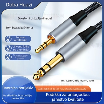 Kabl zvučnika 3,5 mm na 6,5 mm, muški–muški, oklopljen tin-copper + aluminijska folija, jezgro vodiča od tinirano bakra, PVC kućište s najlonskim prepletom, model HZ66