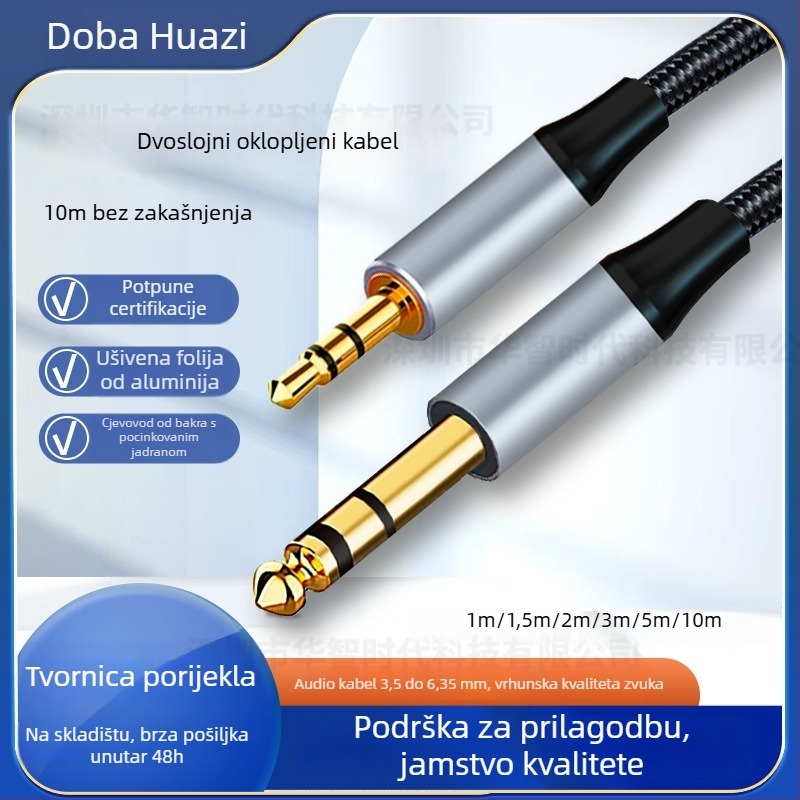 Kabl zvučnika 3,5 mm na 6,5 mm, muški–muški, oklopljen tin-copper + aluminijska folija, jezgro vodiča od tinirano bakra, PVC kućište s najlonskim prepletom, model HZ66