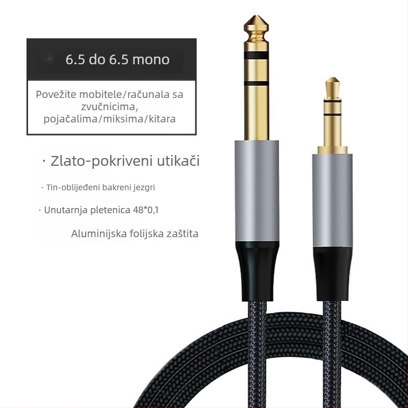 Kabl zvučnika 3,5 mm na 6,5 mm, muški–muški, oklopljen tin-copper + aluminijska folija, jezgro vodiča od tinirano bakra, PVC kućište s najlonskim prepletom, model HZ66