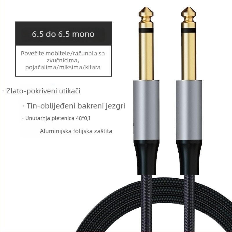 Kabl zvučnika 3,5 mm na 6,5 mm, muški–muški, oklopljen tin-copper + aluminijska folija, jezgro vodiča od tinirano bakra, PVC kućište s najlonskim prepletom, model HZ66