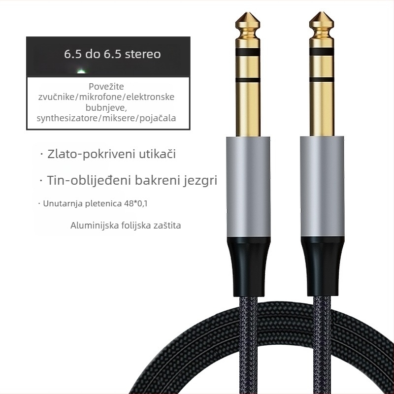 Kabl zvučnika 3,5 mm na 6,5 mm, muški–muški, oklopljen tin-copper + aluminijska folija, jezgro vodiča od tinirano bakra, PVC kućište s najlonskim prepletom, model HZ66