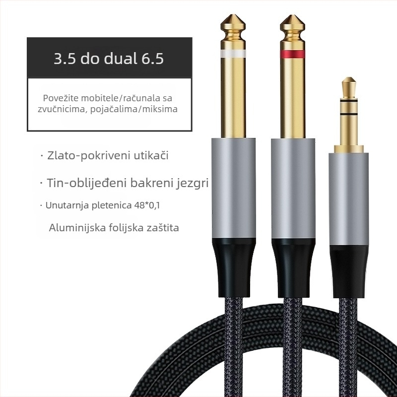 Kabl zvučnika 3,5 mm na 6,5 mm, muški–muški, oklopljen tin-copper + aluminijska folija, jezgro vodiča od tinirano bakra, PVC kućište s najlonskim prepletom, model HZ66