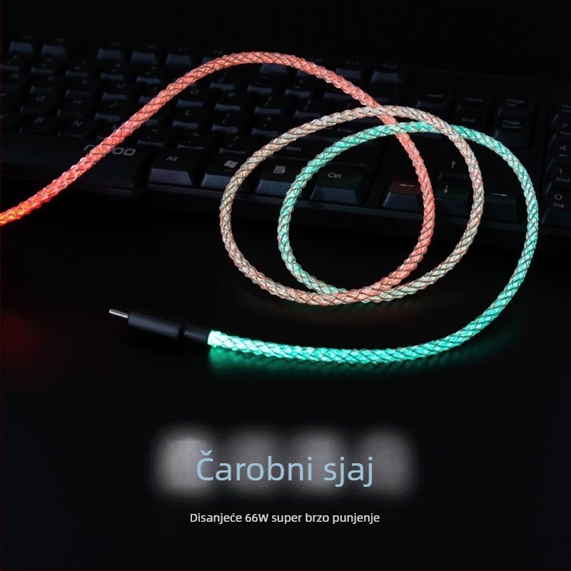 Magic Rope USB kabel za podatke s RGB LED, brzo punjenje, višekonektorski (Lightning, Micro USB, Type-C), materijal vlakno + PU