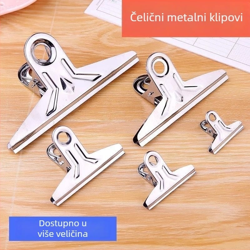 Veliki nehrđajući čelični klip za dokumente i knjige; metalna konstrukcija.