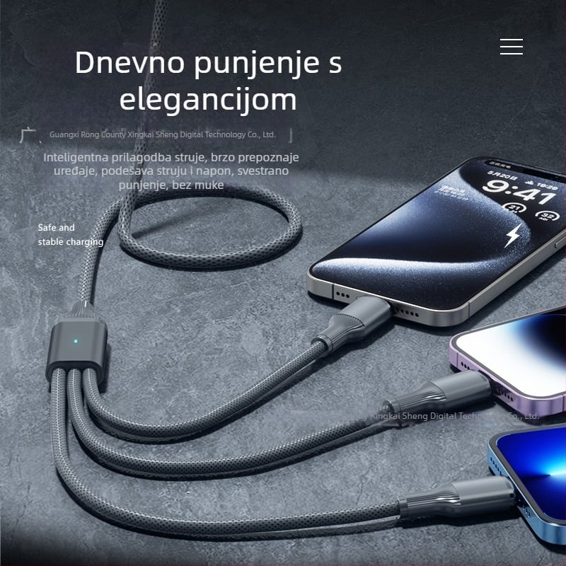 Kabel 3-u-1 brzog punjenja s USB-C, Lightning i Micro USB, 100W, aluminijska legura
