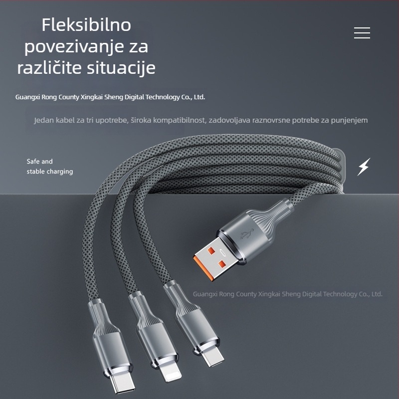 Kabel 3-u-1 brzog punjenja s USB-C, Lightning i Micro USB, 100W, aluminijska legura