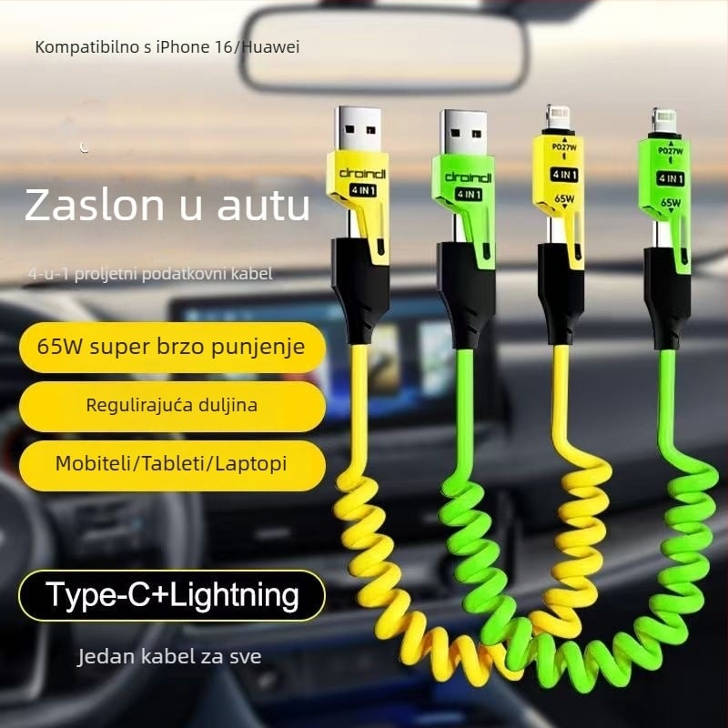 Glory 65W 4-u-1 kabel za punjenje s Lightning i Type-C, silikon, dvostruki konektori, PD brzo punjenje
