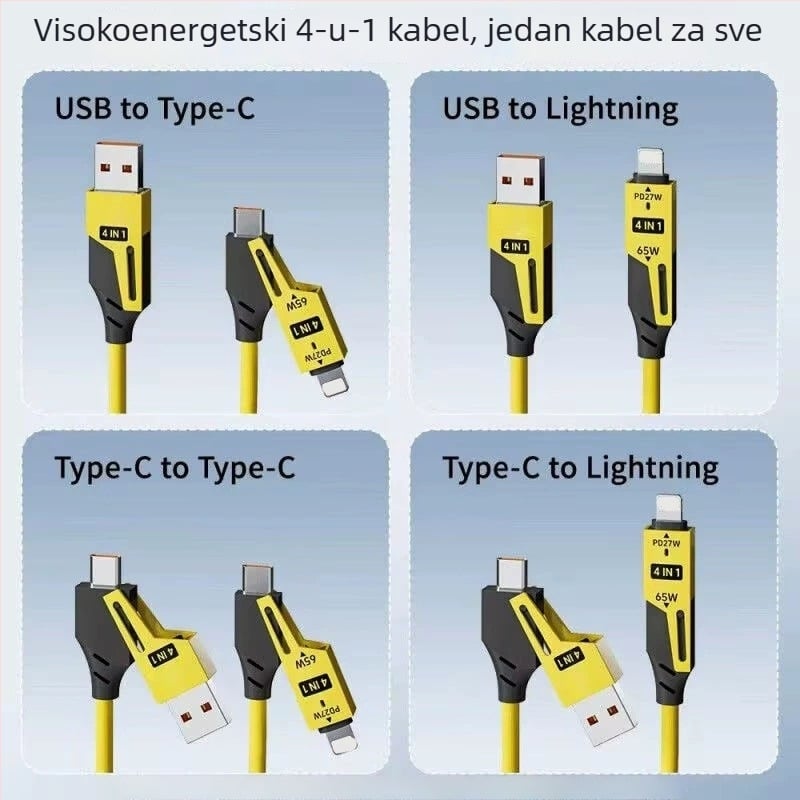 Glory 65W 4-u-1 kabel za punjenje s Lightning i Type-C, silikon, dvostruki konektori, PD brzo punjenje