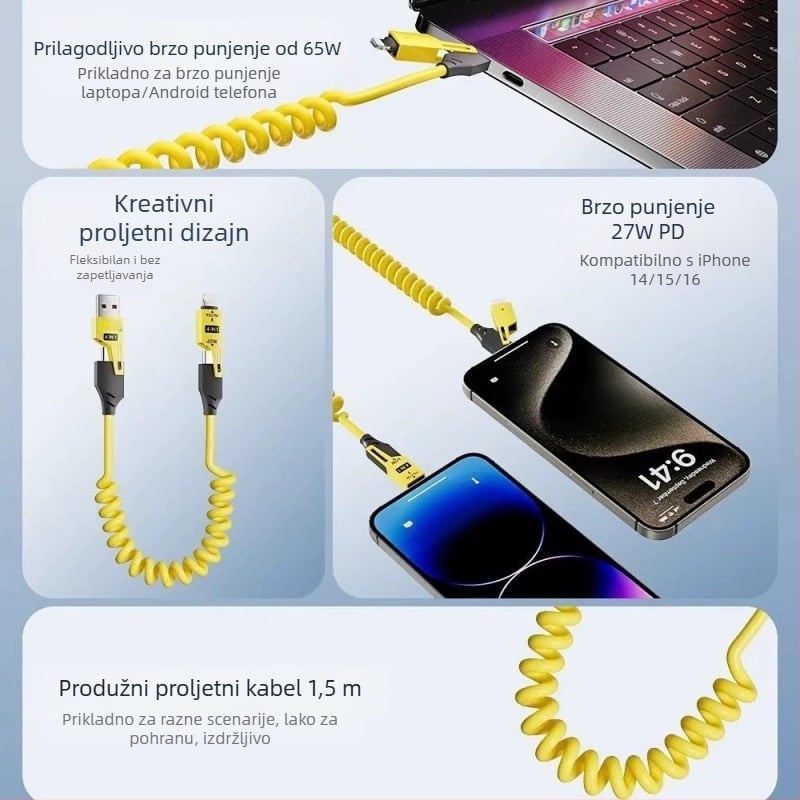 Glory 65W 4-u-1 kabel za punjenje s Lightning i Type-C, silikon, dvostruki konektori, PD brzo punjenje