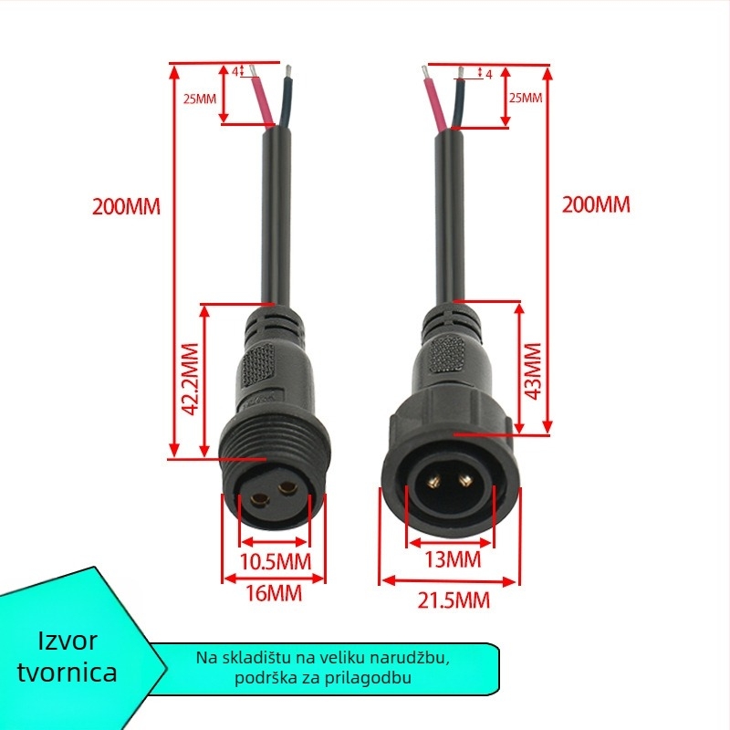 M16 vodootporan 2-žilni spojni konektor, muški i ženski, PVC izolirani napajajući kabel 2×0,75 mm²