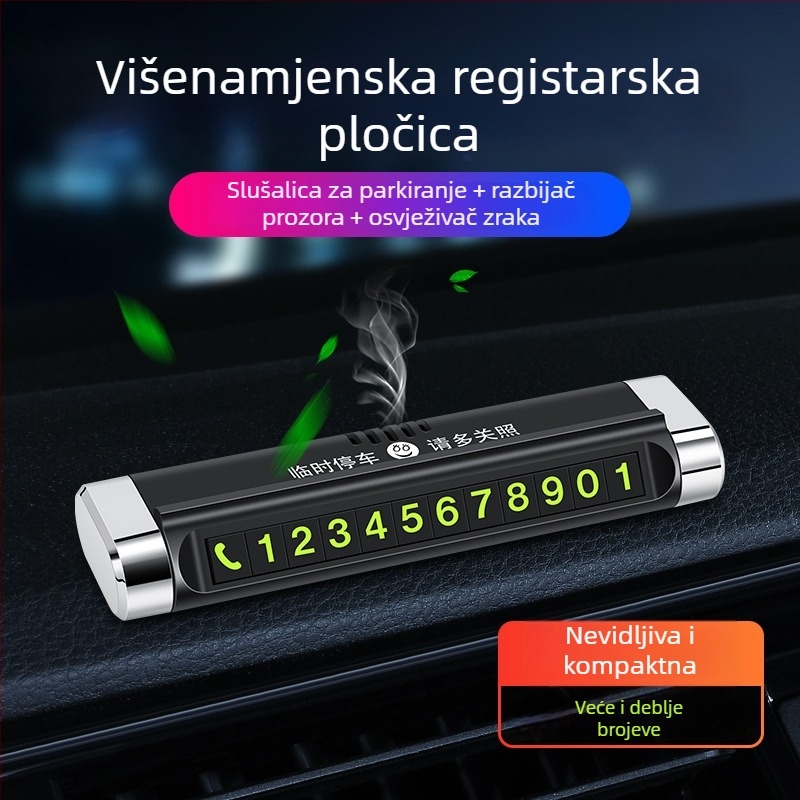 Auto parkirni znak 3-u-1, višefunkcionalni uređaj s privremenom registarskom pločom, sigurnosnim čekićem i kartom za telefon – plastika, model L-1, porijeklo Guangzhou