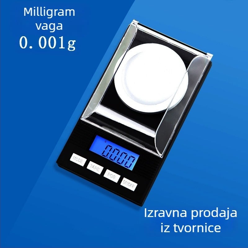 Elektronička vaga za nakit, model 128, kapacitet 50 g, preciznost 0,001 g, elektroničko mjerenje, napajanje AA baterijama, višestruka upotreba