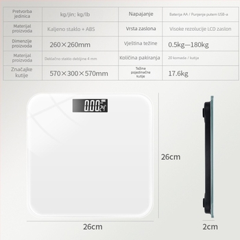 Vaga za mjerenje težine – Big orange, za odrasle, maksimalni kapacitet 180 kg, napajanje baterijom i USB punjenje