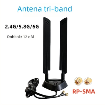 Omnidirekcijska WiFi antena za usmjerivač, 12 dBi, vanjska, trozonska 2,4/5,8/6 GHz, Bluetooth