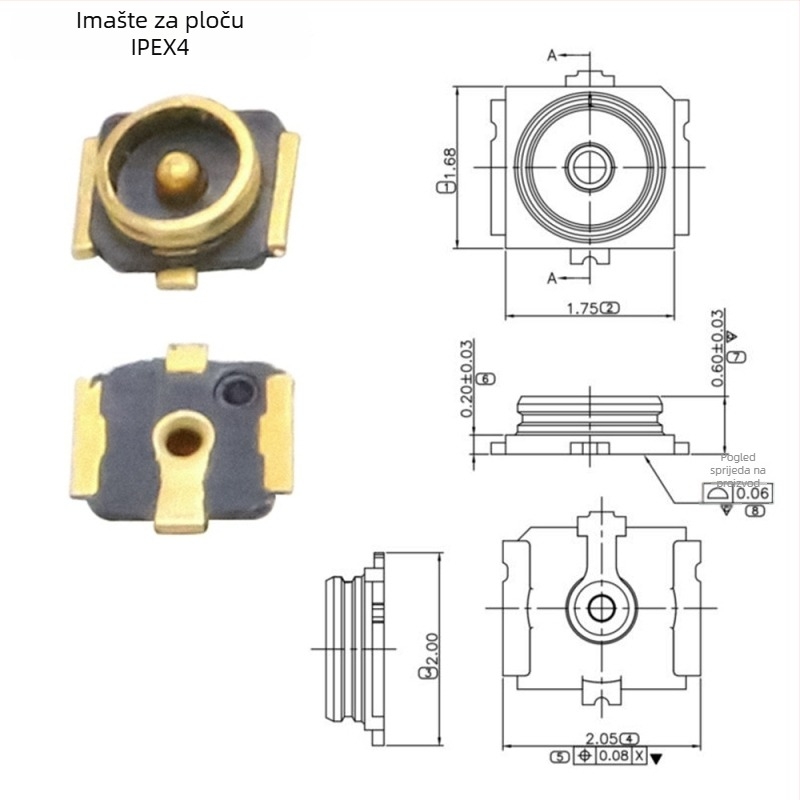IPEX RF konektor Gen 1/3/4/5, patch tip na kraju ploče, SMT, zlatno premazan antenijski konektor