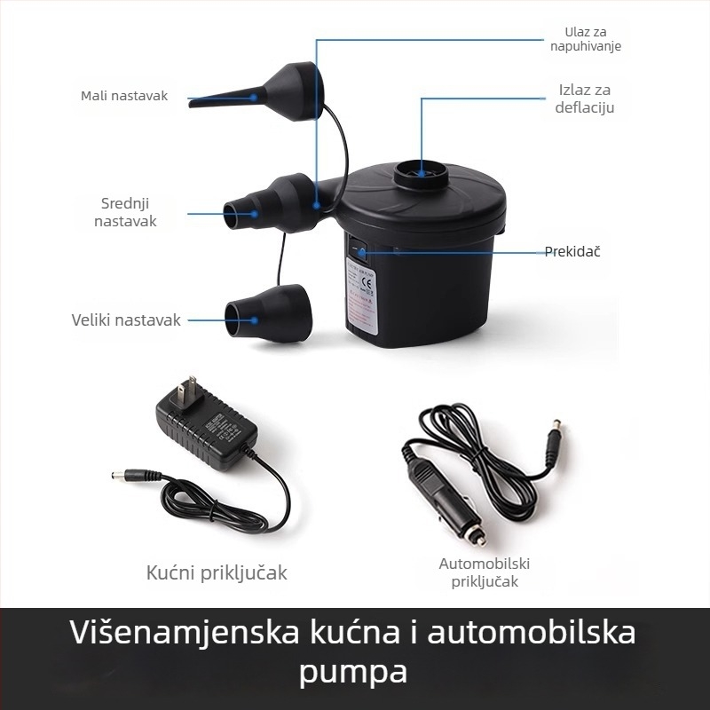 Prenosna pumpa za naduhivanje za naduhivane predmete s napajanjem iz automobila, 12V, 120W, protok >70 L/min, rad dulji od 20 minuta