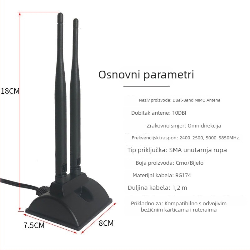 Dvojpasmasta bežična antena 2.4 GHz/5.8 GHz, dobitak 10 dBi, SWR ≤ 1.8, stolni usisni nosač, za WiFi i Bluetooth