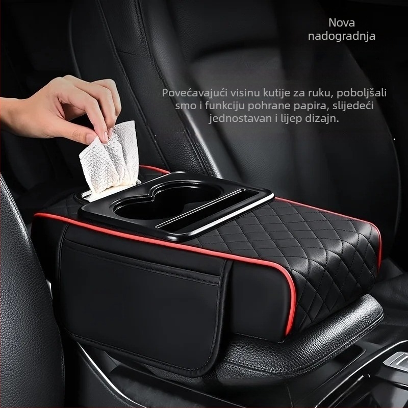 Kožni organizator za automobilsku naslonjač – 4 u 1: kutija za maramice, držač za čaše, središnji spremnik, podignuta jastučić; Podrijetlo: Zhejiang; Marka: Neutral; Opće kompatibilno