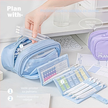 Planwith Koreanskog stila izvlačni neseser za olovke, platno, više pretinaca, velik kapacitet