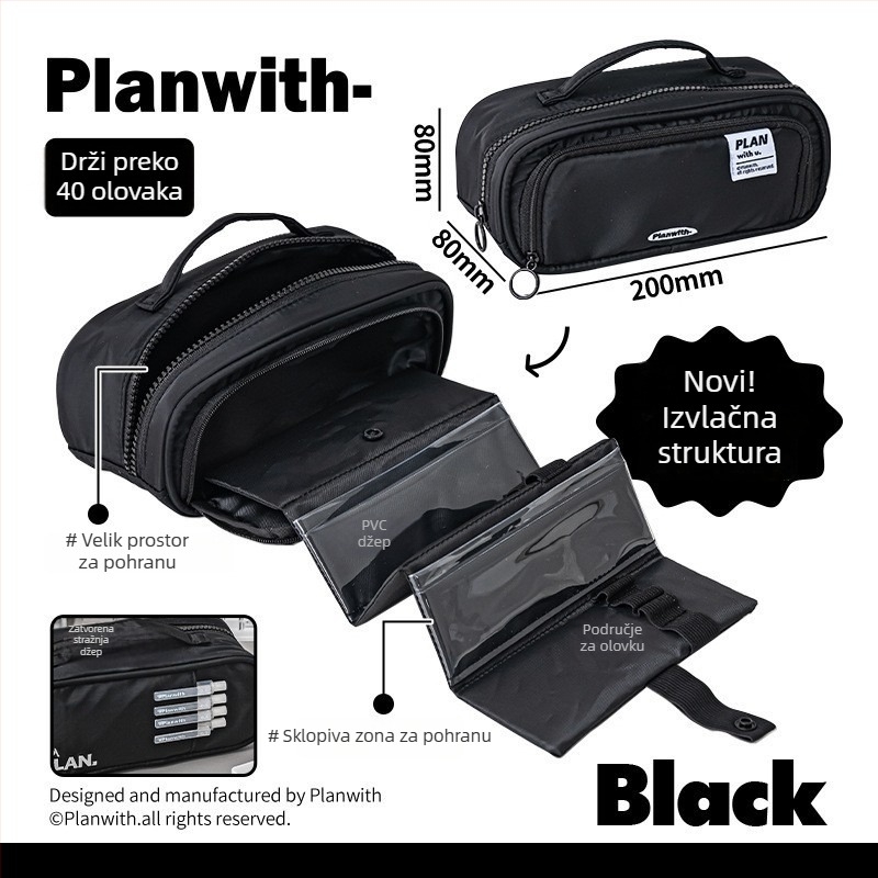 Planwith Koreanskog stila izvlačni neseser za olovke, platno, više pretinaca, velik kapacitet