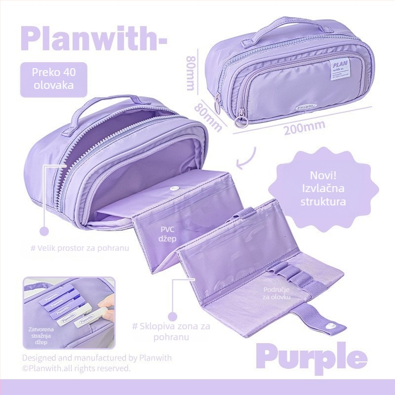 Planwith Koreanskog stila izvlačni neseser za olovke, platno, više pretinaca, velik kapacitet