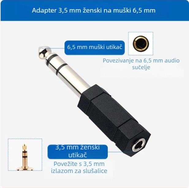 Akihabara adapter 6,5 mm na 3,5 mm za gitaru, tipkovnicu, mikrofon i slušalice – model QD2022/QD2023