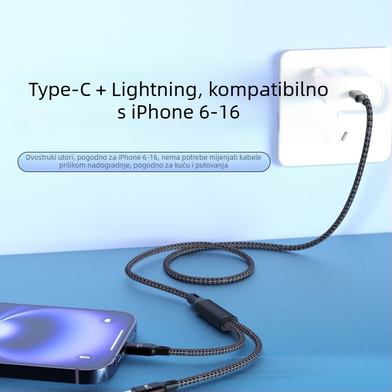 100W dvostruki Type-C kabel za brzo punjenje za tablete i Apple uređaje, duljina 0,5–1 m, za automobil