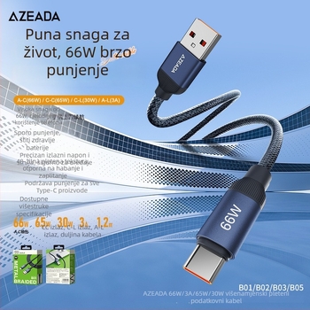 AZEADA USB-C pleteni metalni kabel za podatke, 66W brzo punjenje, kompatibilan s računalima i tabletima