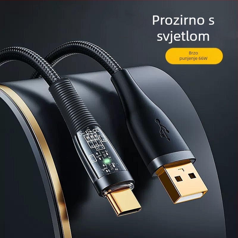 66W brzo punjenje s više sučelja USB-C/Lightning/Micro USB podatkovni kabel, proziran pleteni kabel, PD podrška, duljina 1–2 m, LED indikator
