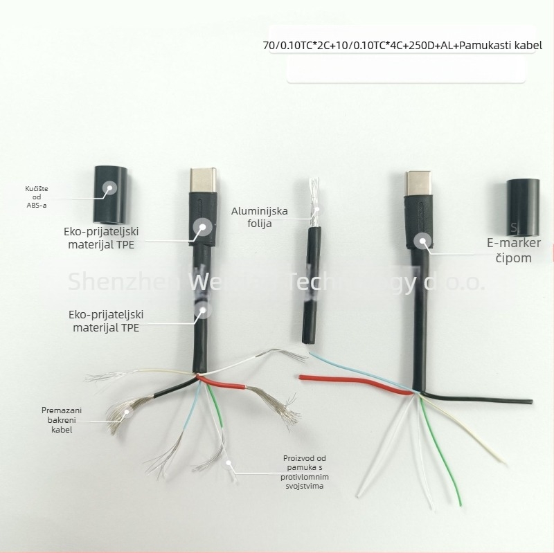 Type-C PD kabel za brzo punjenje, dvostruki kraj, 100W, duljina 1–2 m, TPE