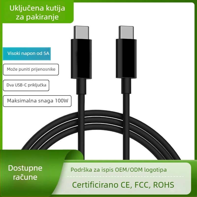 Type-C PD kabel za brzo punjenje, dvostruki kraj, 100W, duljina 1–2 m, TPE