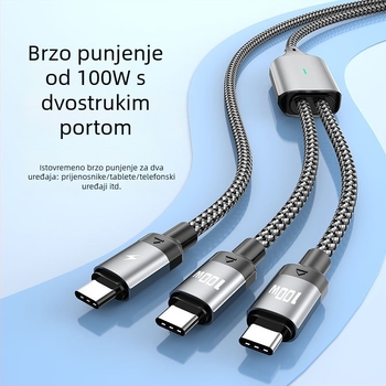 PD100W kabel za brzo punjenje s dvostrukim izlazom, Lightning i USB-C priključcima, tkaninski kabel, duljina 1 ili 2 m