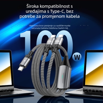 PD100W kabel za brzo punjenje s dvostrukim izlazom, Lightning i USB-C priključcima, tkaninski kabel, duljina 1 ili 2 m