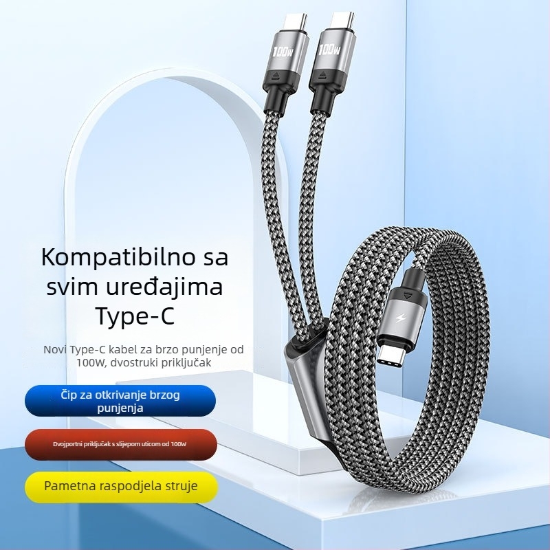 PD100W kabel za brzo punjenje s dvostrukim izlazom, Lightning i USB-C priključcima, tkaninski kabel, duljina 1 ili 2 m