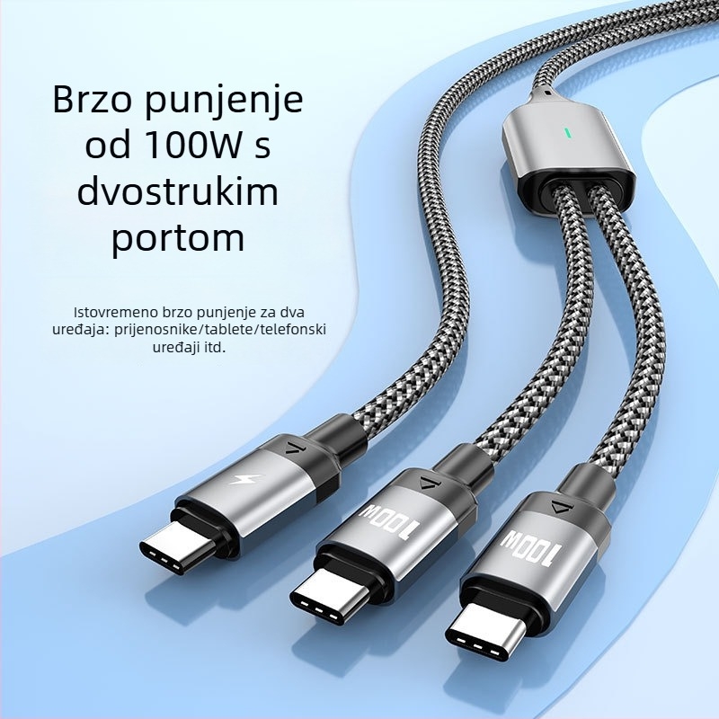 PD100W kabel za brzo punjenje s dvostrukim izlazom, Lightning i USB-C priključcima, tkaninski kabel, duljina 1 ili 2 m