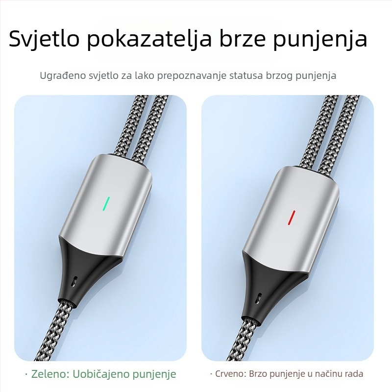 PD100W kabel za brzo punjenje s dvostrukim izlazom, Lightning i USB-C priključcima, tkaninski kabel, duljina 1 ili 2 m
