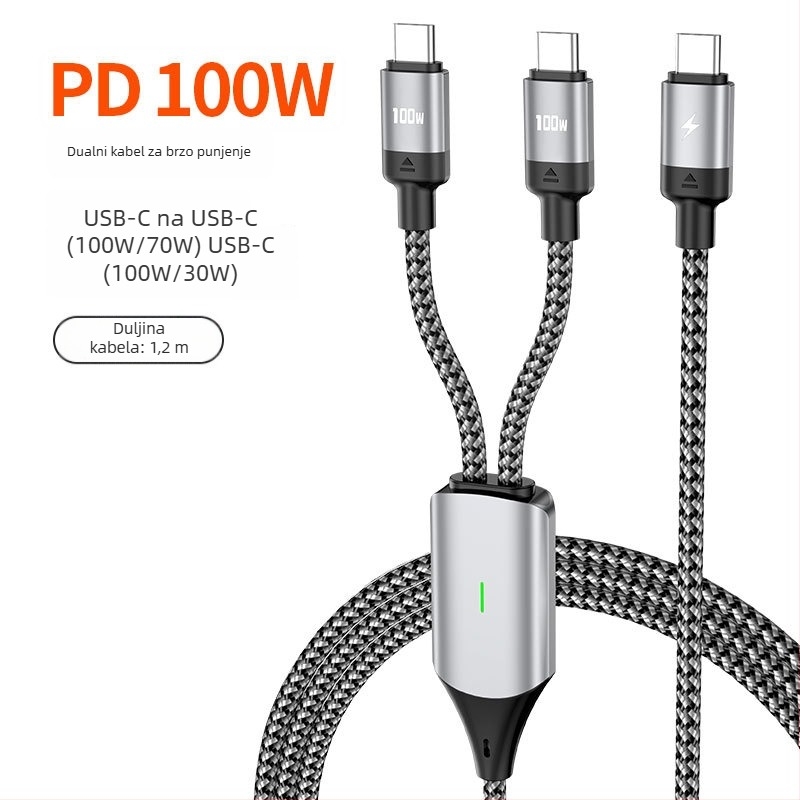 PD100W kabel za brzo punjenje s dvostrukim izlazom, Lightning i USB-C priključcima, tkaninski kabel, duljina 1 ili 2 m