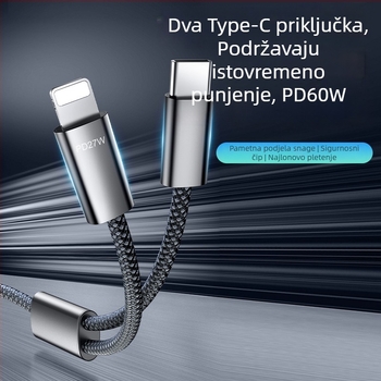 Kabel Type-C na Dual-C, 60W brzo punjenje, PD 27W, dvostruki port, dvostruka glava