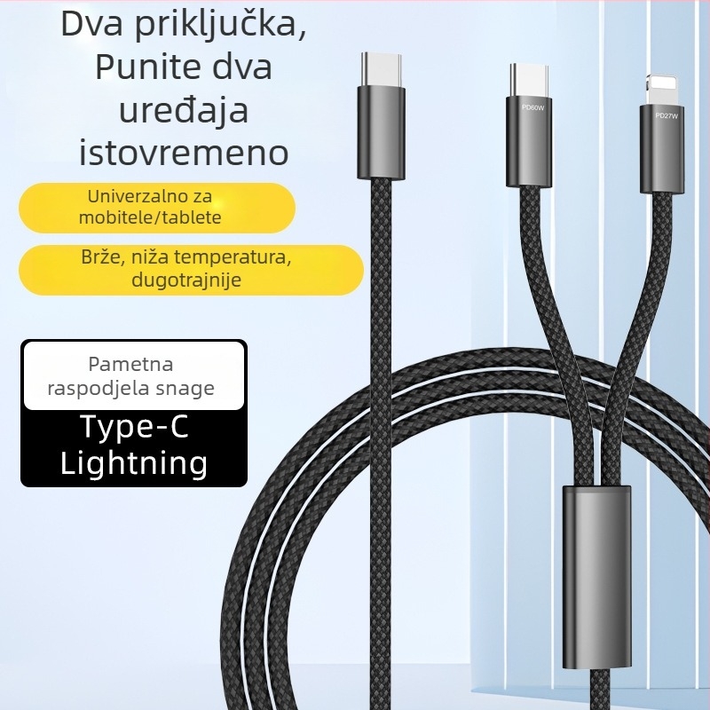 Kabel Type-C na Dual-C, 60W brzo punjenje, PD 27W, dvostruki port, dvostruka glava