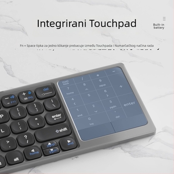 Sklopiva Bluetooth tipkovnica s touchpadom i mišem – univerzalna kompatibilnost s Apple i Android, povezuje se s do 3 uređaja istovremeno, težina 300 g