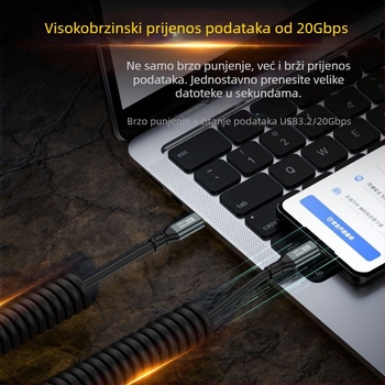 Type-C–Type-C podatkovni kabel s oprugom, duljina 1,8 m, 100W PD, 20Gbps, USB-C 3.1