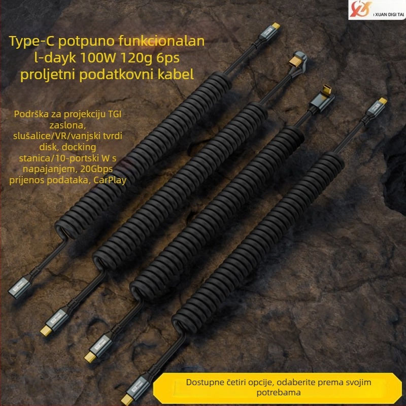 Type-C–Type-C podatkovni kabel s oprugom, duljina 1,8 m, 100W PD, 20Gbps, USB-C 3.1