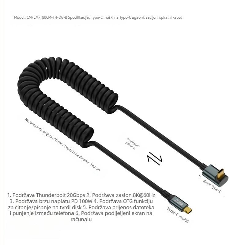 Type-C–Type-C podatkovni kabel s oprugom, duljina 1,8 m, 100W PD, 20Gbps, USB-C 3.1