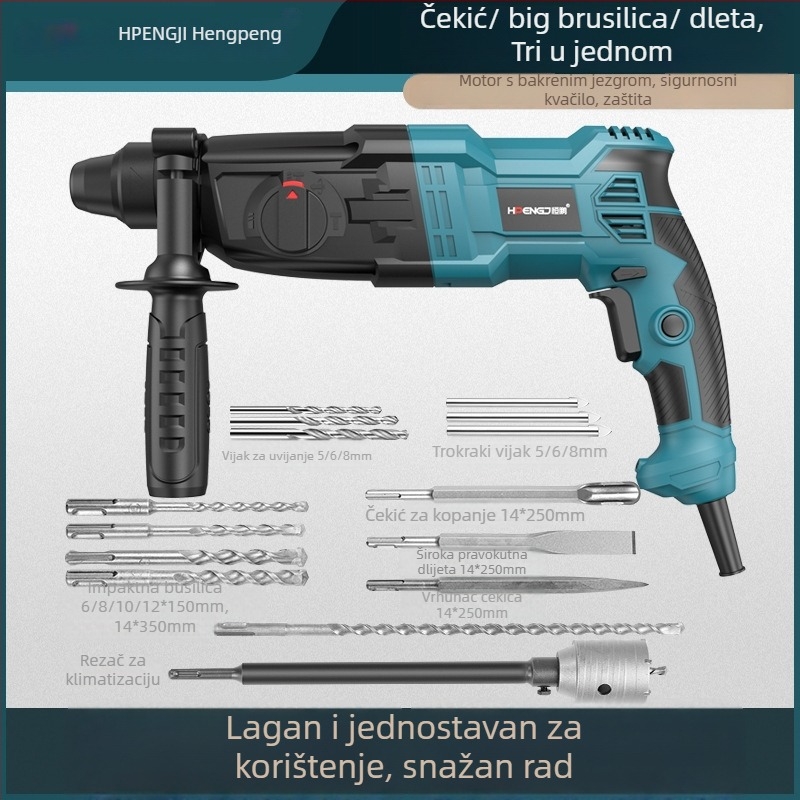 Hengpeng električni čekićni bušač – 220V, priključak na mrežu, 3 načina rada: bušenje čekićem / ravno bušenje / dlijeto