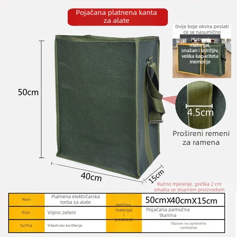 Čvrsta platnena torba za alat s učvršćenom konstrukcijom za elektrikare i stolare