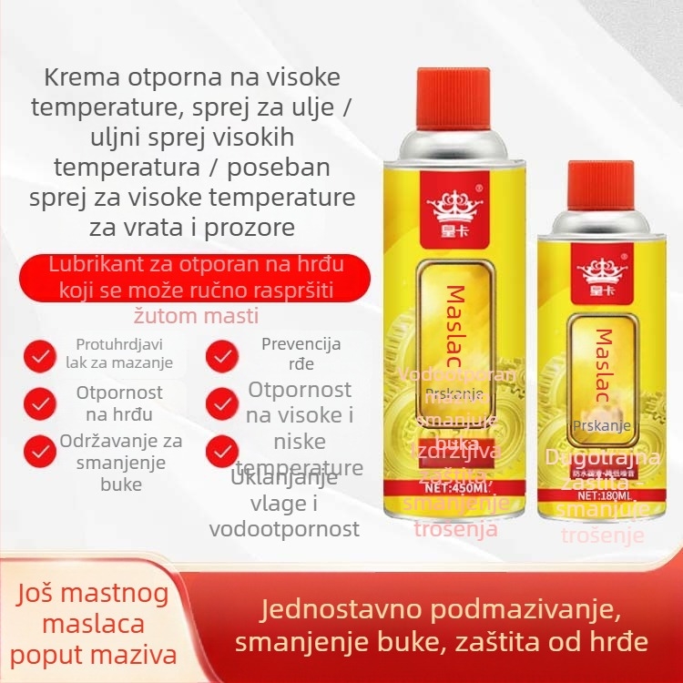 Sprej za uklanjanje hrđe i podmazivanje vrata, otporan na visoke temperature (Vrsta: Mazivo; Glavni sastojci: Mazivo ulje; Rok trajanja: 3 godine; Standard kvalitete: 6600; Primijenjeni dijelovi: Drugo)
